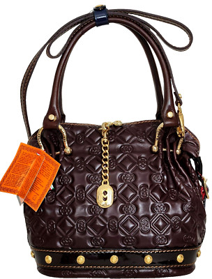 MARINO ORLANDI ITALIAN DESIGNER STUDDED BROWN LOGO LEATHER SATCHEL BAG NWT!