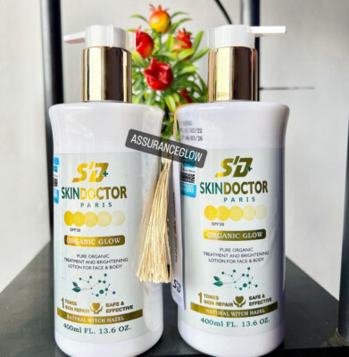 Lait Corporel SkinDoctor Organic Glow - Ultra éclaircissant, Anti-taches - 400ml - Formule Vitamine C