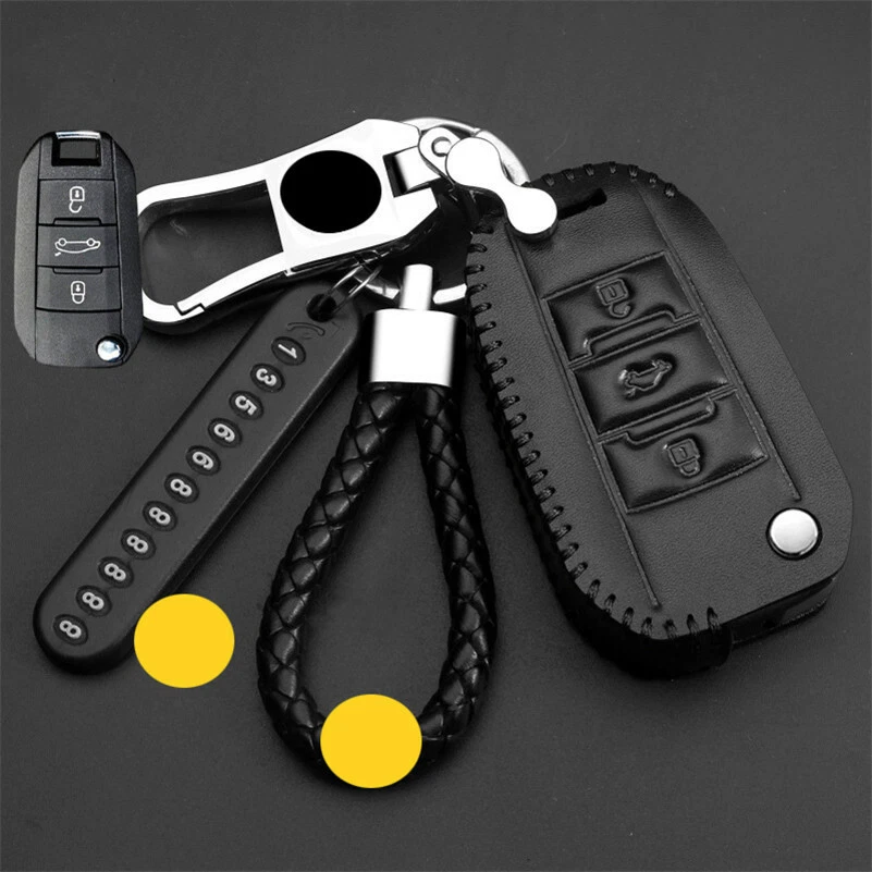 Cubierta de llave inteligente de cuero genuino negra para Peugeot 308 508 3008 Foto 4 de 4