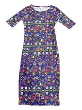 LuLaRoe Julia Dress XXS Blue Pink Yellow Floral Patchwork Scoop Neck NWT