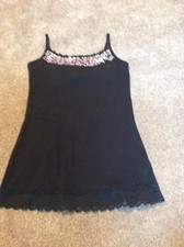 Justice Girls Size 10 Black Cami Shirt Bling Built In Shelf Bra Lace Bottom