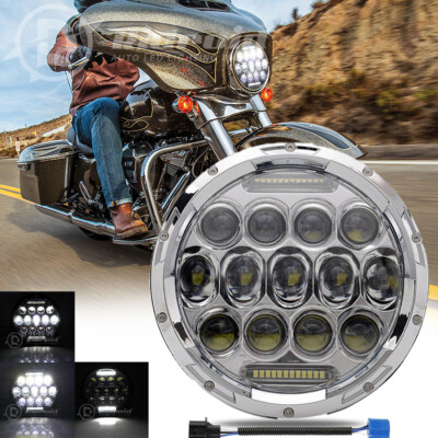Chrome For Harley Round 7inch LED Motorcycle Headlight Hi/Low&DRL HeadLamp US