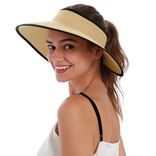 Simplicity Women's Summer Foldable Wide Brim Beach Hats Straw Sun Visor Hats