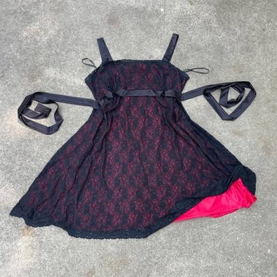 Vintage Y2K Igigi Mini Dress Black Lace Red Tie Back Hoco Sz 30 32 5XL Emo Goth