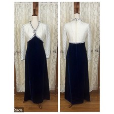 Gorgeous Vintage 1970s Navy Blue Velvet Formal Gown