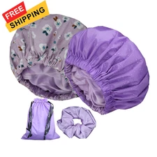 2Pcs Genergy Shower Cap Waterproof, Adjustable L-Purple+Purple flower 