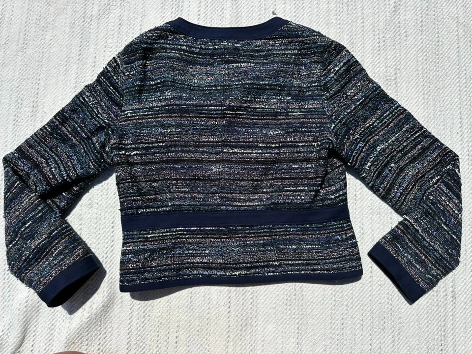 Diane von Furstenberg Jacket Size 10 Blazer Blue Tweed Trim Lined Hook Eye - Изображение 3 из 4