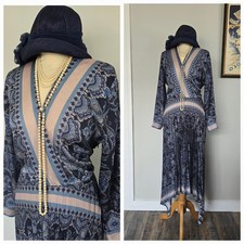 Vintage 1920s 1930s Peaky Blinders Style Blue Paisley Pleated Dress Size 16