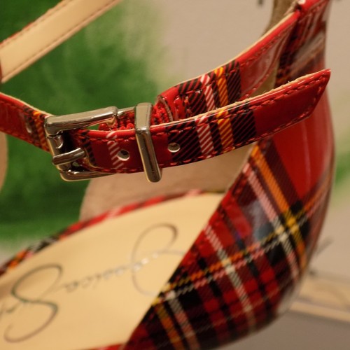 Jessica Simpson Wilrou Red Plaid Patent T-Strap Heels size 9-1/2 - Picture 14 of 14
