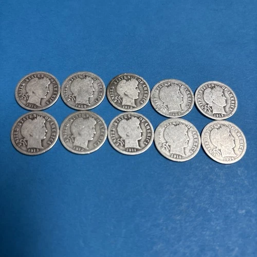 Barber Dimes - 90% Silver - (Lot of Ten) Full Date Excellent Coins Random Years
