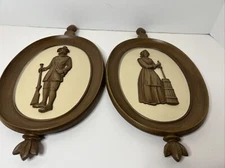 2 1960 Syroco Inc Colonial 3D Wall Art Plaques Man w Rifle Woman MC Modern Decor