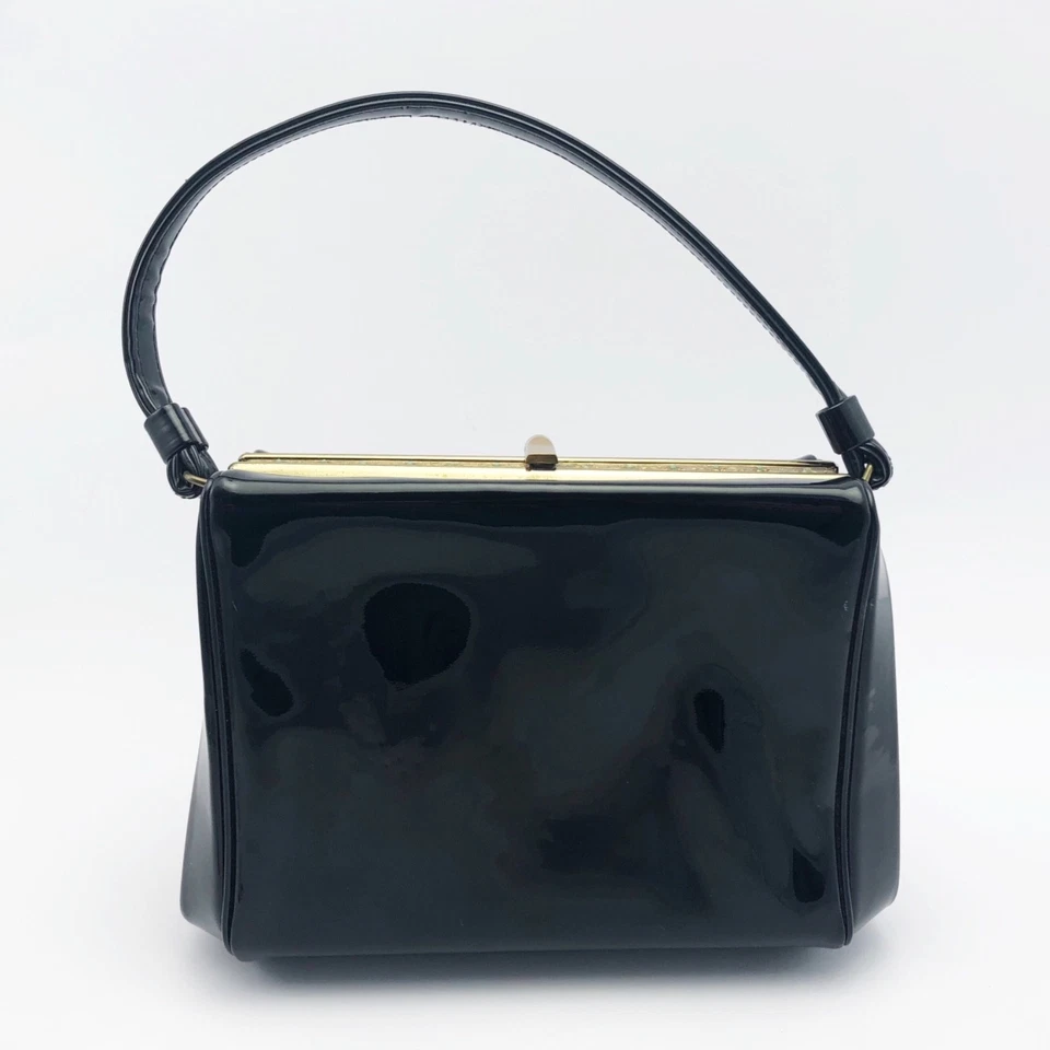 Vintage Evening Bag Black Vinyl Bejeweled Gold Frame W Change Purse After Five - Image 3 of 4