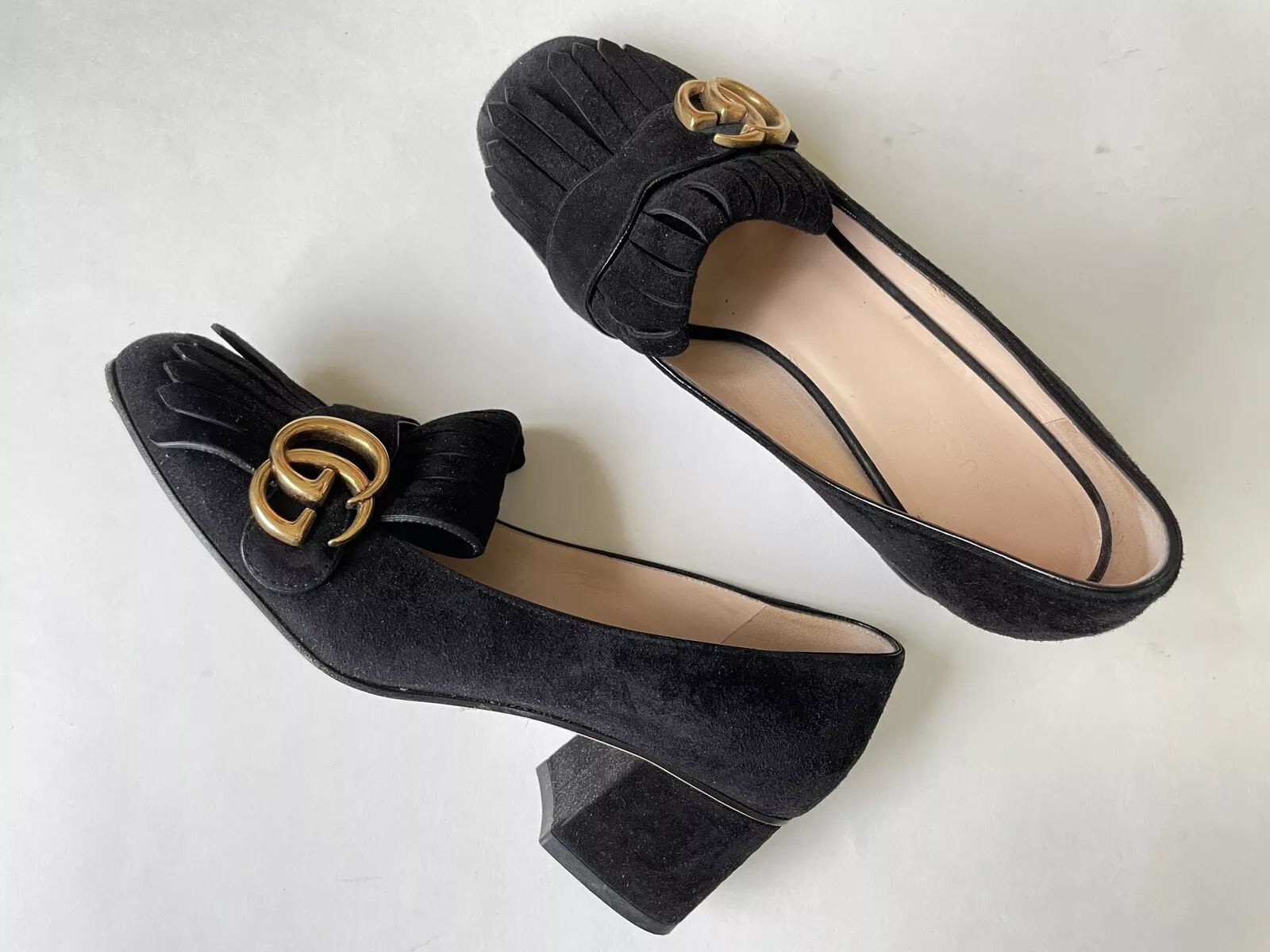 GUCCI Marmont frange daim noir doré GG talon moyen 408208 taille 37 (US 7)