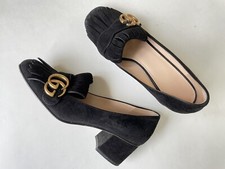 GUCCI Marmont Black Gold Suede Fringe GG Mid Heel 408208 Sz 37 US 7 950