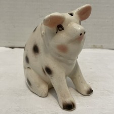 Vintage Unbranded 4" Ceramic Sitting/Seated White Pig w/Black Spots Piggy Bank
