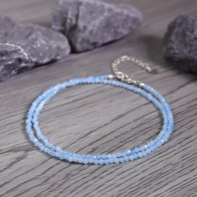 Blue Aquamarine Tiny 3mm Beaded Choker Healing Delicate Women