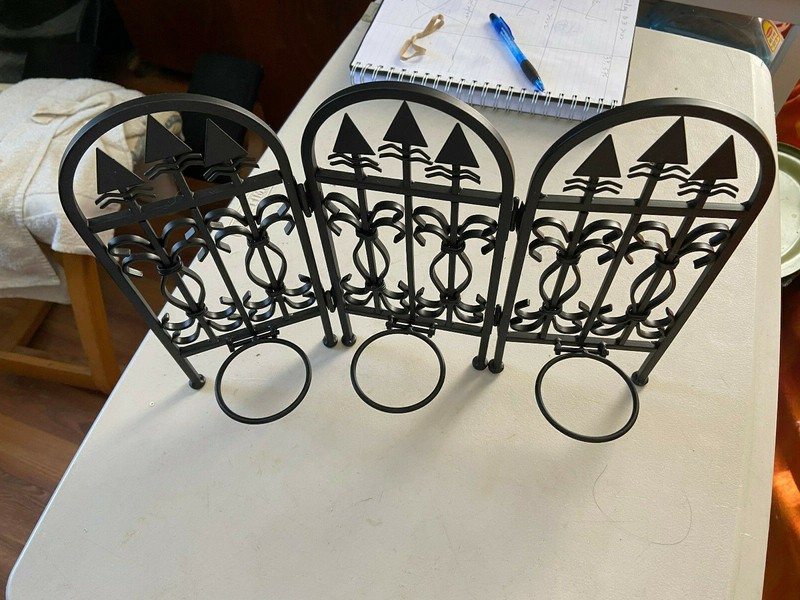 Vintage Cast Iron (?) TRIPLE Tea light CANDLE HOLDER Hinges 10” Tall