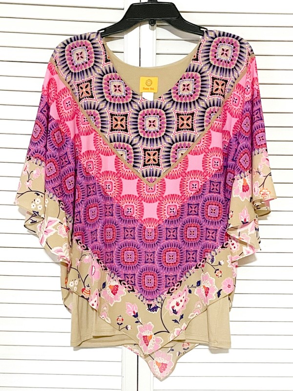 RUBY RD - TOP-BLOUSE -  BUTTERFLY- CAPE - PURPLE/TAN - SIZE MEDIUM