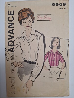 Blouse Top Shirt 12 Advance 9909 Sewing Pattern VTG Easy Button Up Front Collar