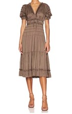Ulla Johnson Size 4US  Carine Midi Dress Mica Taupe Brown Pleated Ruffle Tiered 