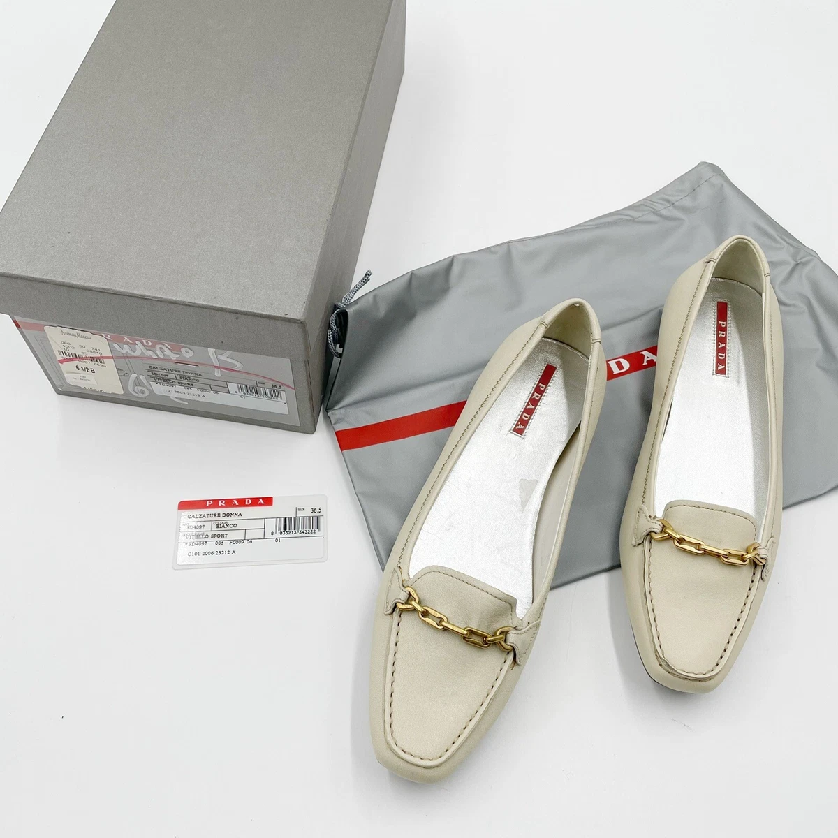 alias Jeg vil være stærk Perth Blackborough Prada Calzature Donna Women Ivory Leather Chain Flat Driving Loafer 36.5 /  6.5 B