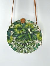 Straw Studios Green Leaf Round Circle Woven Shoulder Crossbody Bag Purse Nwt