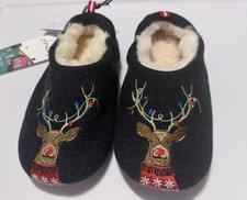 Joules Unisex-child Reindeer Embroidere Slippers Navy Blue Faux Fur Lined XL