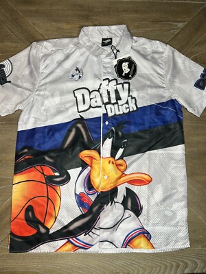 RARE Space Jam Daffy Duck Button Up Shirt Full Print Front & Back Men s Size L