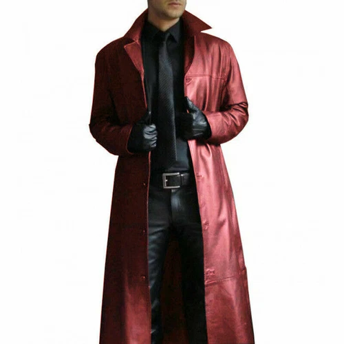 Men's Winter Warm Faux Leather Trenchcoat Lacquer Optic Coat Long Jacket Outwear - Picture 7 of 12
