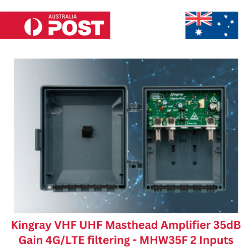 Kingray VHF UHF Masthead Amplifier 35dB Gain 4G/LTE filtering - MHW35F 2 Inputs