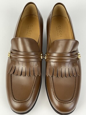 GUCCI 714680 Mirrored G Gold Kiltie Loafer Brown Leather Mens Size
