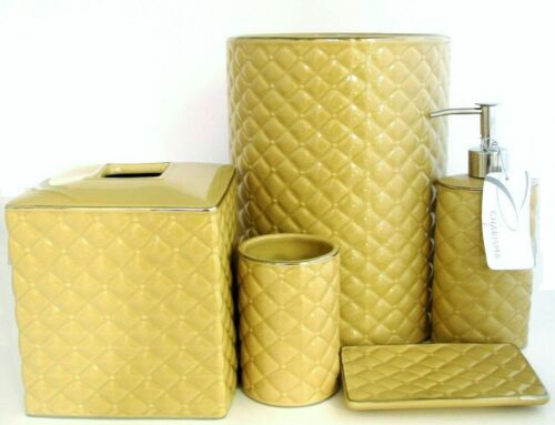 5 PC CHARISMA MUSTARD QUILTED CERAMIC SOAP DISPENSERTUMBLERTRASHDISHTISSUE