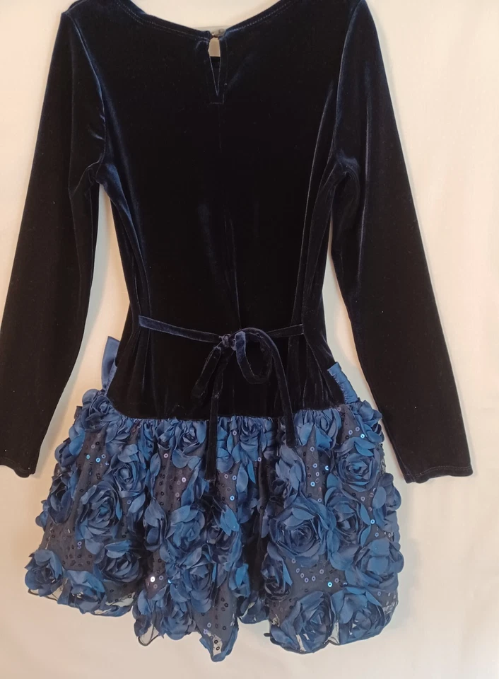 Vestido de fiesta de terciopelo azul marino/azul BLOOME DE JEUNE FILLE TALLA 10 con lentejuelas/rosas costaba $56 Foto 4 de 4