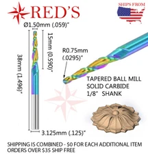 REDS DLC R.75mm Tapered Ball Nose Carving End Mill 1/8 shank CNC router bit