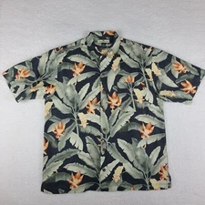 Tommy Bahama Dress Shirt Mens Medium Black Sage Green Floral Hawaiian Button Up