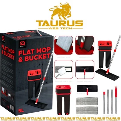 SQ-PRO 5L FLAT MOP & BUCKET SET SPACE SAVER 2 REUSABLE FLOOR DRY PADS STEEL UK FREE P&P