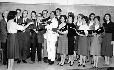 Joan Reinthaler conducts Harvard Medical Chorus inside hospit- Boston Old Photo