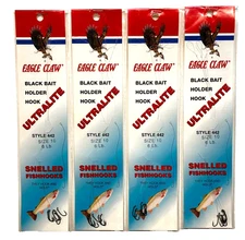 4 PACKS Eagle Claw ULTRALITE Snelled Size 10 Black Bait Holder Hook 6 Count Pack