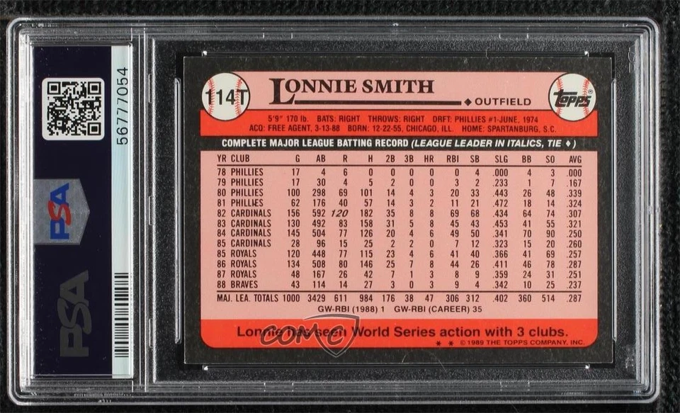 1989 Topps Traded Box Set Collector's Edition (Tiffany) Lonnie Smith PSA 9 MINT - Image 2 of 2