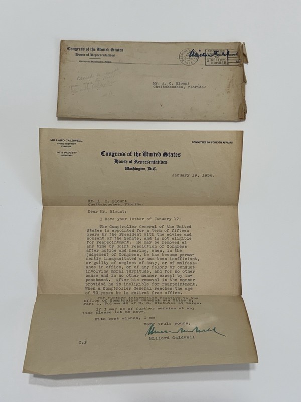 1934 Letter & Envelope From Congressman Millard Caldwell Of Fla. Gov of FL 1945