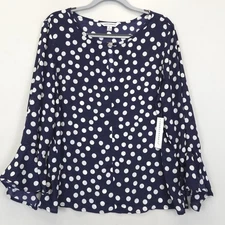 Counterparts Blouse Women XL Navy White Polka Dot Bell Sleeve Rhinestones Office