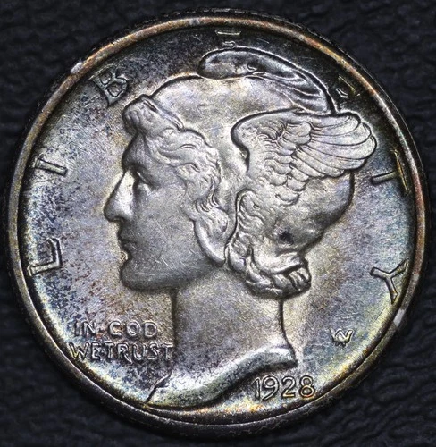1928 P - Mercury Dime 10C - Uncirculated (Rainbow Rim Toning!!) #335