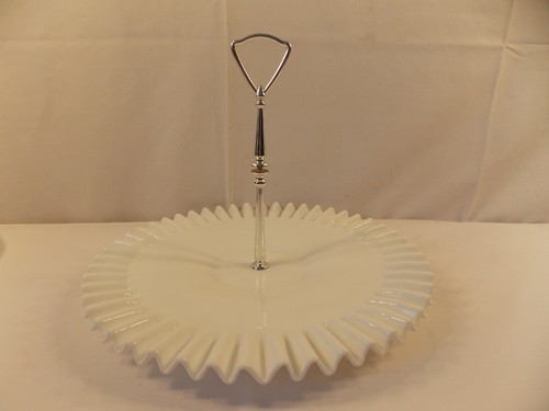 Fenton "Hobnail" White Milk Glass Serving Tray Crimped with Handle Vintage 13” - Picture 3 of 5