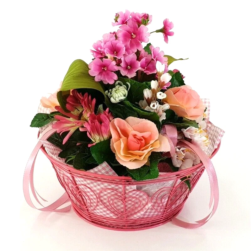 Gesteck im Metallkorb Primel Rosen Gerbera Rosa Kunstblumen Frühling - Bild 3 von 4