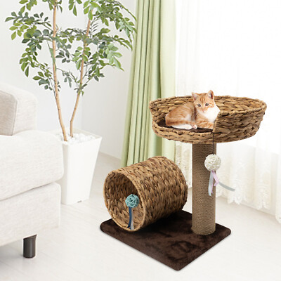 Two Level Cat Tree Cat Woven Nest w/Scratching Post and Toy Ball Cat Tunnel