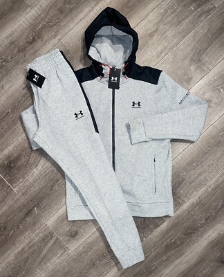 Under Armour Utility Fleece Grey Black Full Zip Hoodie Tracksuit