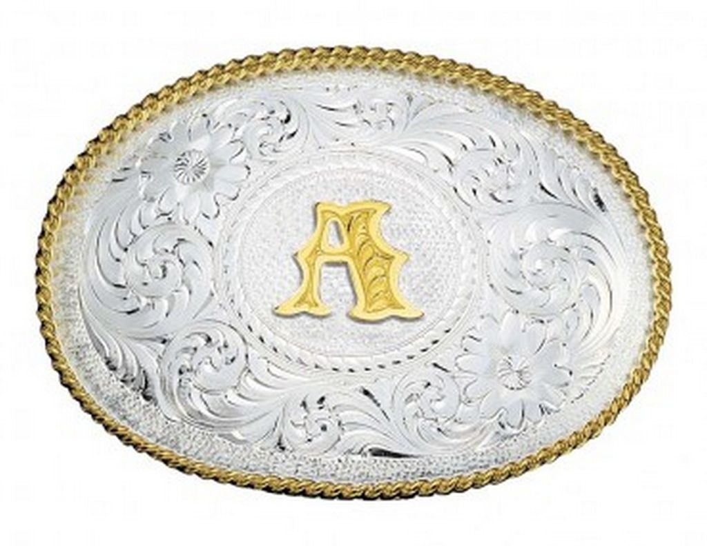 Western Belt Buckle Silver Gold Trim Engraved Initial Oval 1.5\