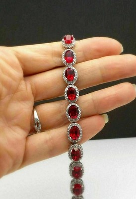 15TCW Oval Cut Lab Created Garnet & Diamond Tennis Bracelet 14k White Gold Over