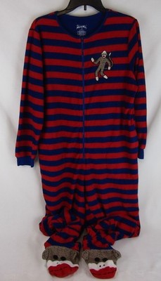 Womens Nick & Nora One Piece Pajamas-Size Medium-Red/Blue-Monkey Slipper Feet