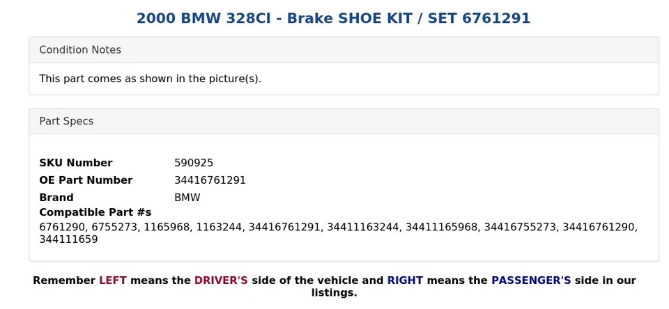 BMW 328CI 2000 - Juego de zapatas de freno / 6761291 Foto 3 de 3